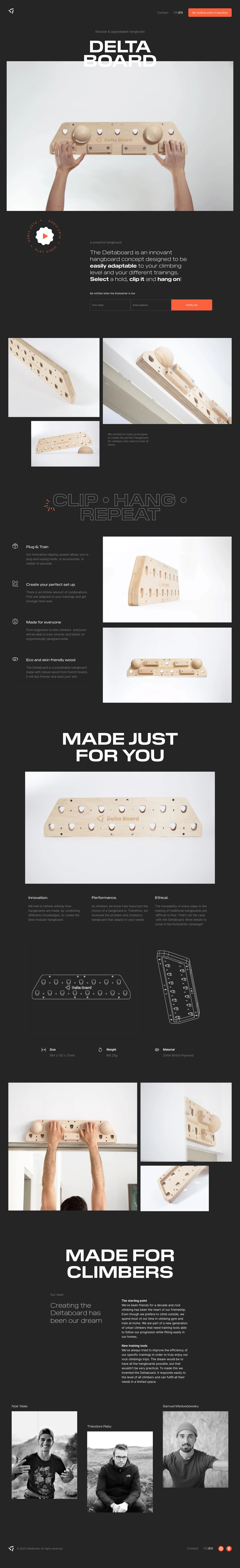Delta Board Landing Page Example: The DeltaBoard is the first modular and easy to use fingerboard that adapts to your level and your trainings. Select a hold, clip it and hang to it!