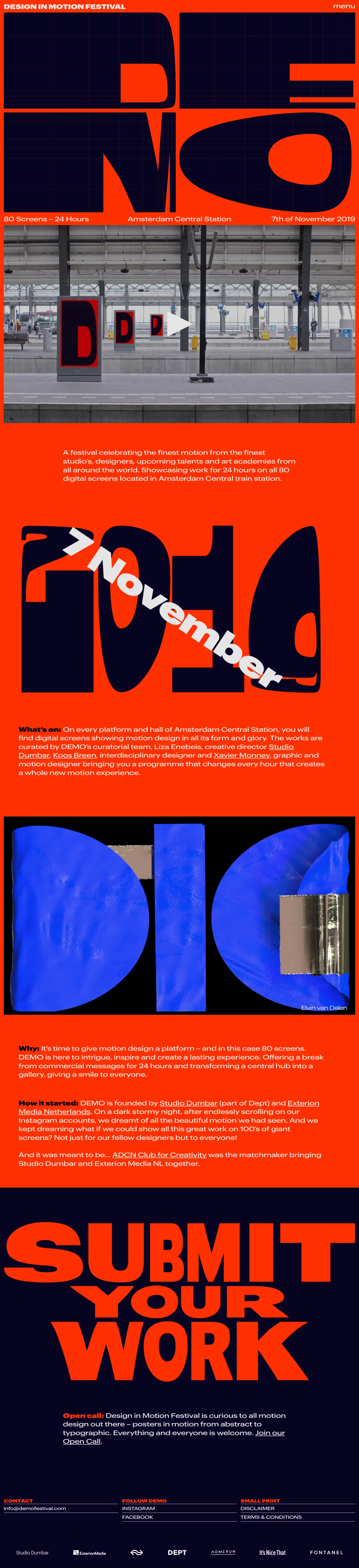Demo Festival Landing Page Example: A festival celebrating the finest motion from the finest studio’s, designers, upcoming talents and art academies from all around the world. Showcasing work for 24 hours on all 80 digital screens located in Amsterdam Central train station.