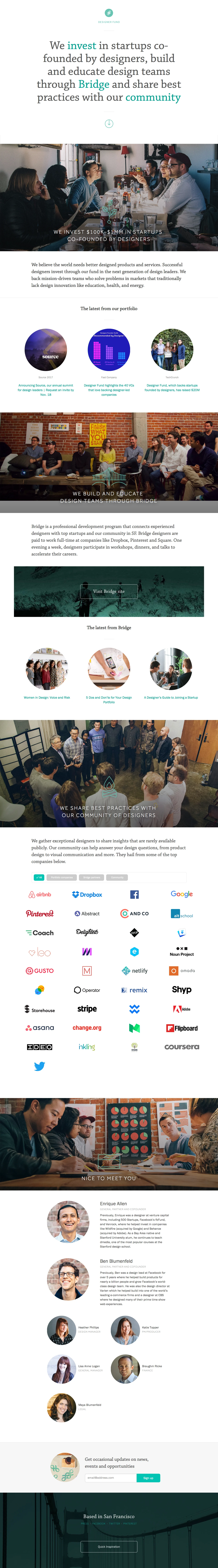 Designer Fund Landing Page Example: We invest in startups co-founded by designers, build and educate design teams through Bridge and share best practices with our community