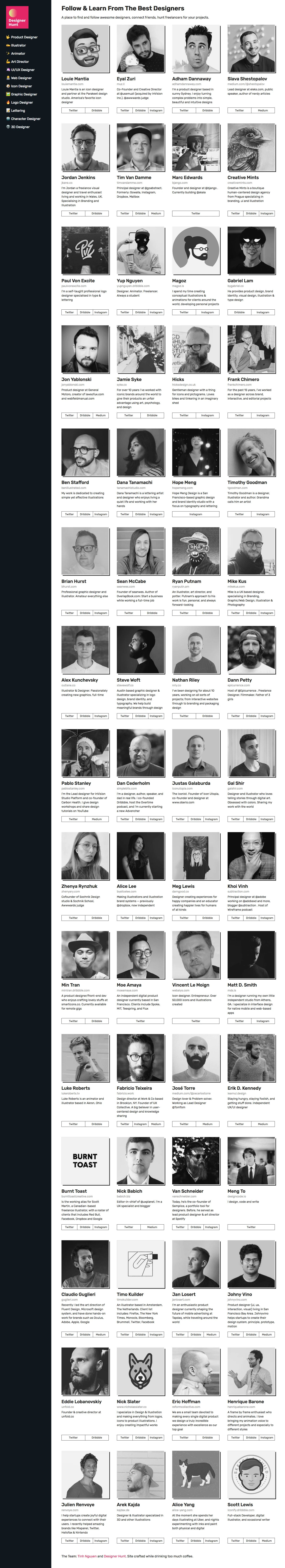 Designer Hunt Landing Page Example: A place to find and follow awesome designers, connect friends, hunt freelancers for your projects.
