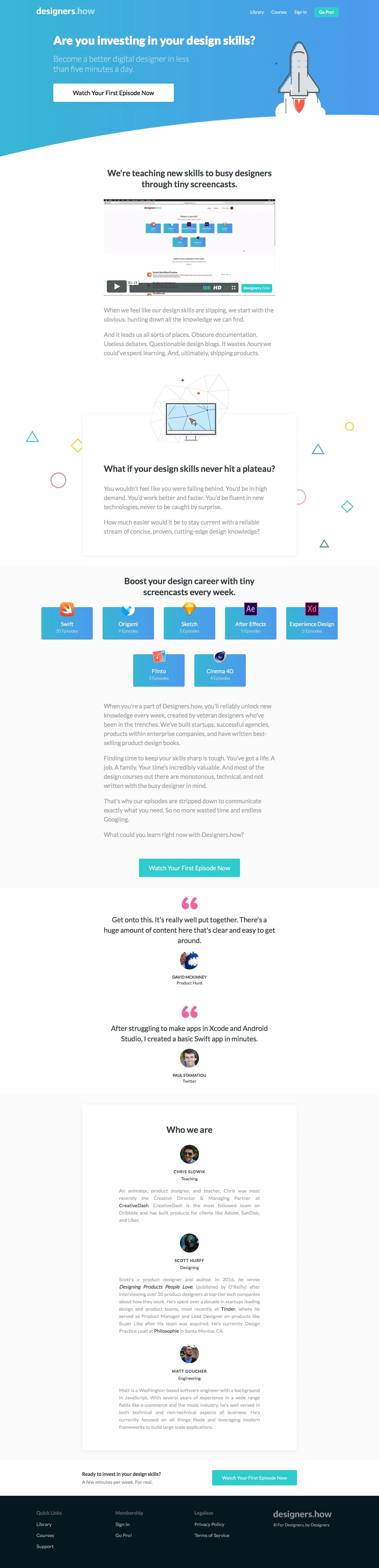Designers.how Landing Page Example: We're teaching new skills to busy designers through tiny screencasts.