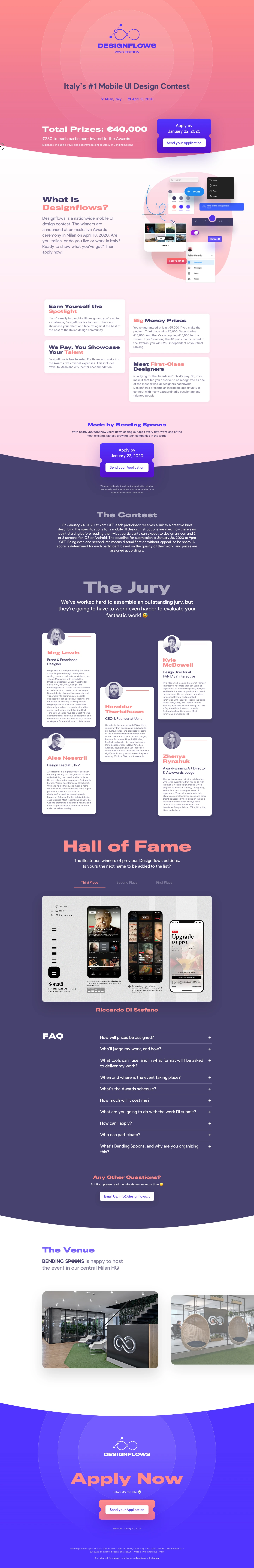 Designflows Landing Page Example: Designflows is a nationwide mobile UI design contest. The winners are announced at an exclusive Awards ceremony in Milan on April 18, 2020.