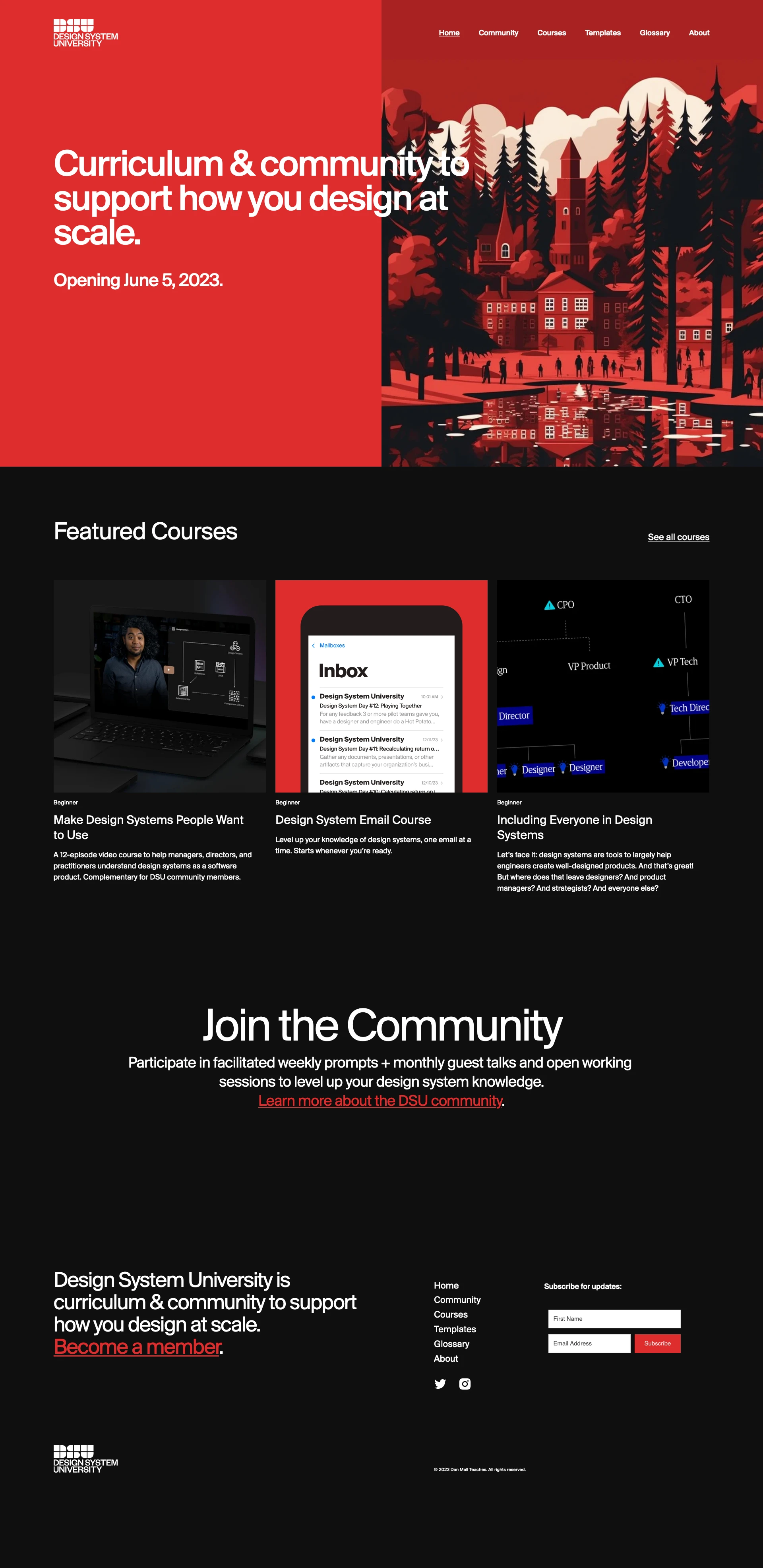 Design System University Landing Page Example: Design systems are becoming more important as the world becomes increasingly more digital, but there are very few resources to support designers, engineers, and product people as they grow in their careers. Design System University exists to provide training and community for people helping their organizations scale digital products sustainably.
