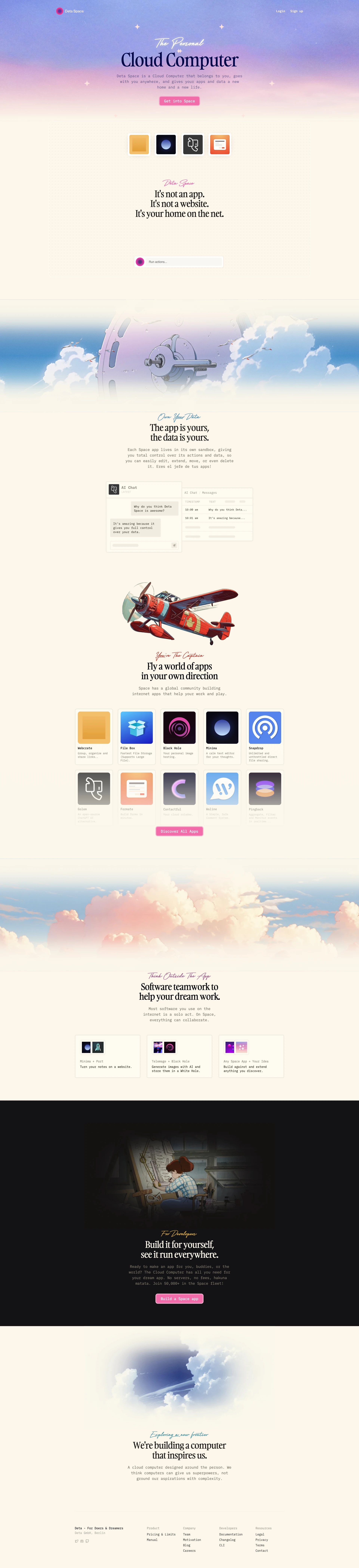 Deta Space Landing Page Example: Deta Space is a Cloud Computer that belongs to you, goes with you anywhere, and gives your apps and data a new home and a new life.
