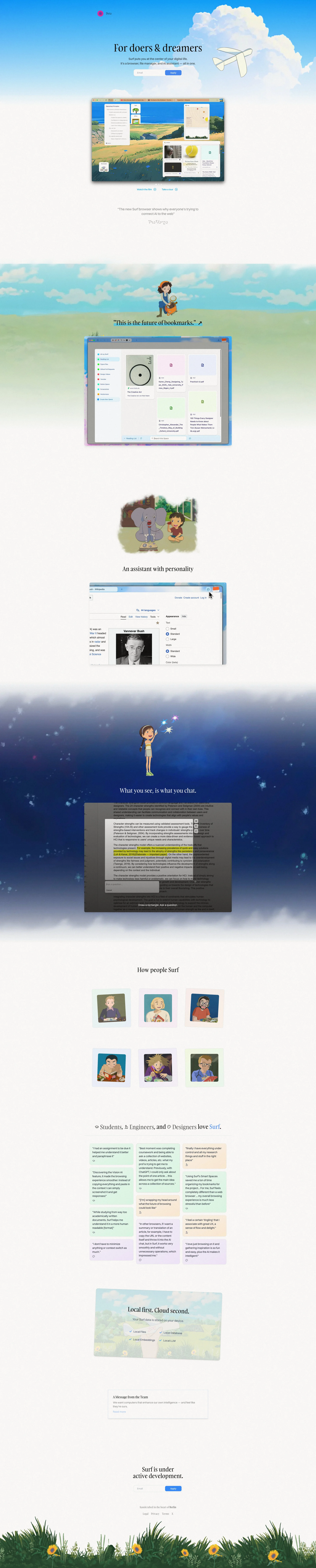 Deta Surf Landing Page Example: Surf puts you at the center of your digital life. It's a browser, file manager, and AI assistant — all in one.