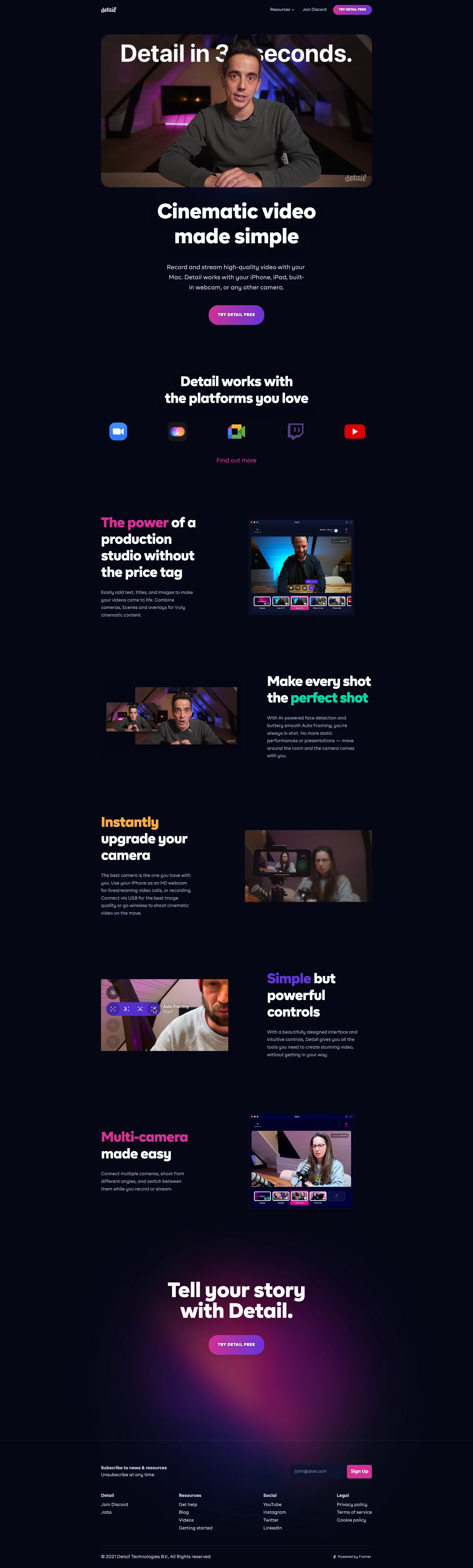 Detail Landing Page Example: Cinematic video made simple. Record and stream high-quality video with your Mac. Detail works with your iPhone, iPad, built-in webcam, or any other camera.