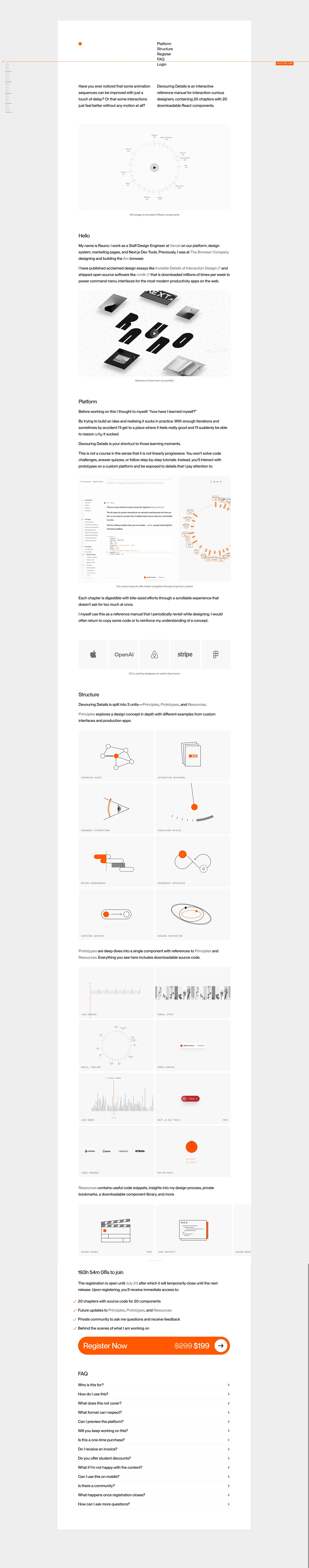 Devouring Details Landing Page Example: An interactive reference manual for interaction-curious designers. Devouring Details is an interactive reference manual for interaction-curious designers, containing 20 chapters with 20 downloadable React components.