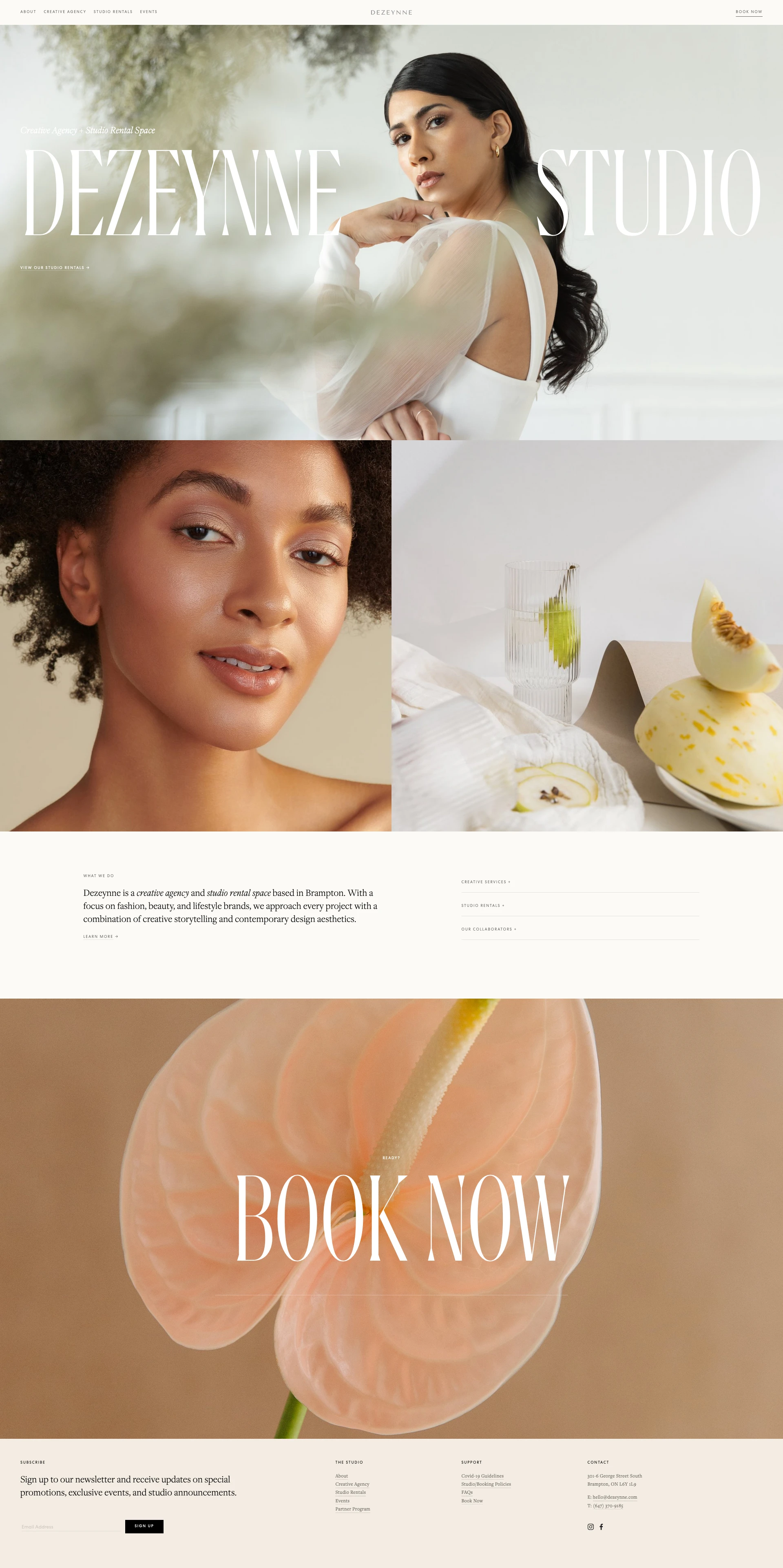 Dezeynne Landing Page Example: Dezeynne is a creative agency and studio rental space based in Brampton. With a focus on fashion, beauty, and lifestyle brands, we approach every project with a combination of creative storytelling and contemporary design aesthetics.