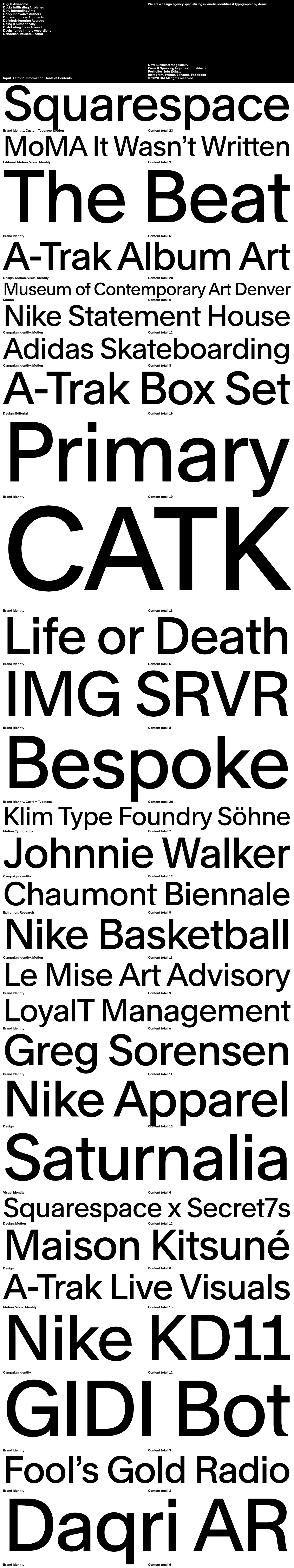 DIA Landing Page Example: We are a design agency specializing in kinetic identities & typographic systems.
