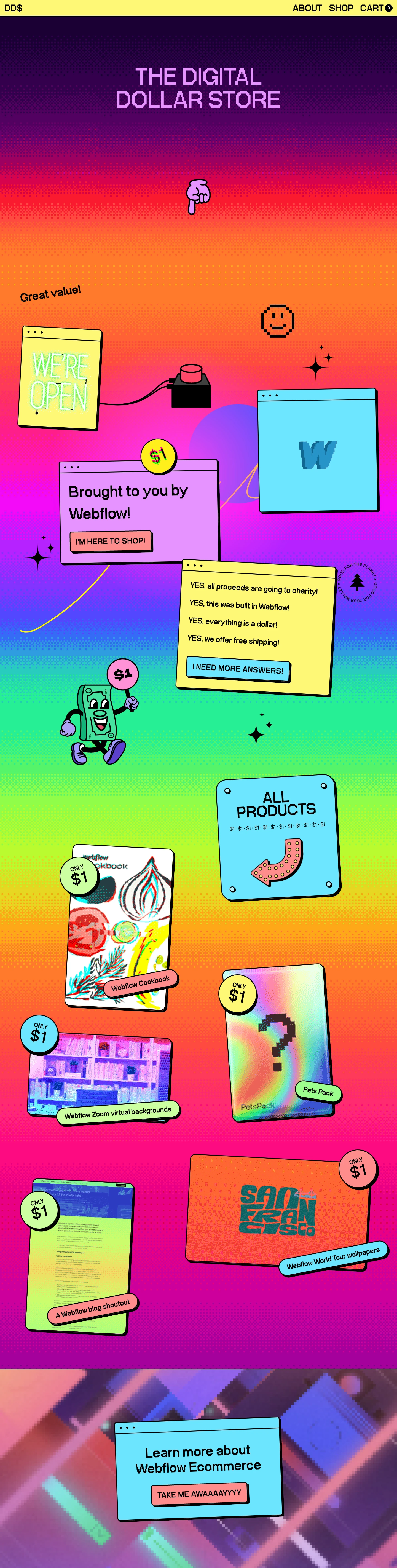 Digital Dollar Store Landing Page Example: Digital product store where everything is sold for just one dollar. All proceeds from the store will go to charity. Browse around and see what you like!