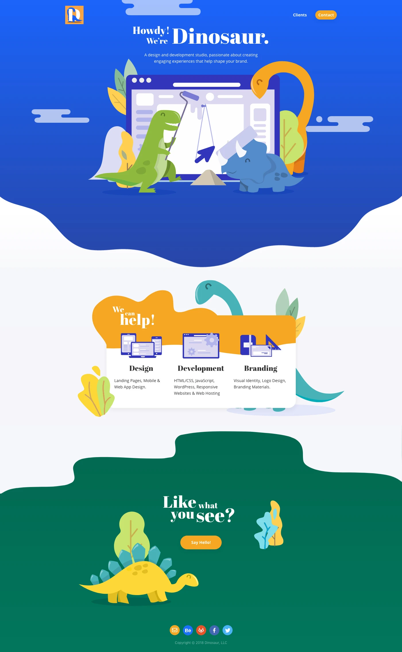 Dinosaur Landing Page Example: Dinosaur is a design and development studio, passionate about creating engaging experiences that help shape your brand.