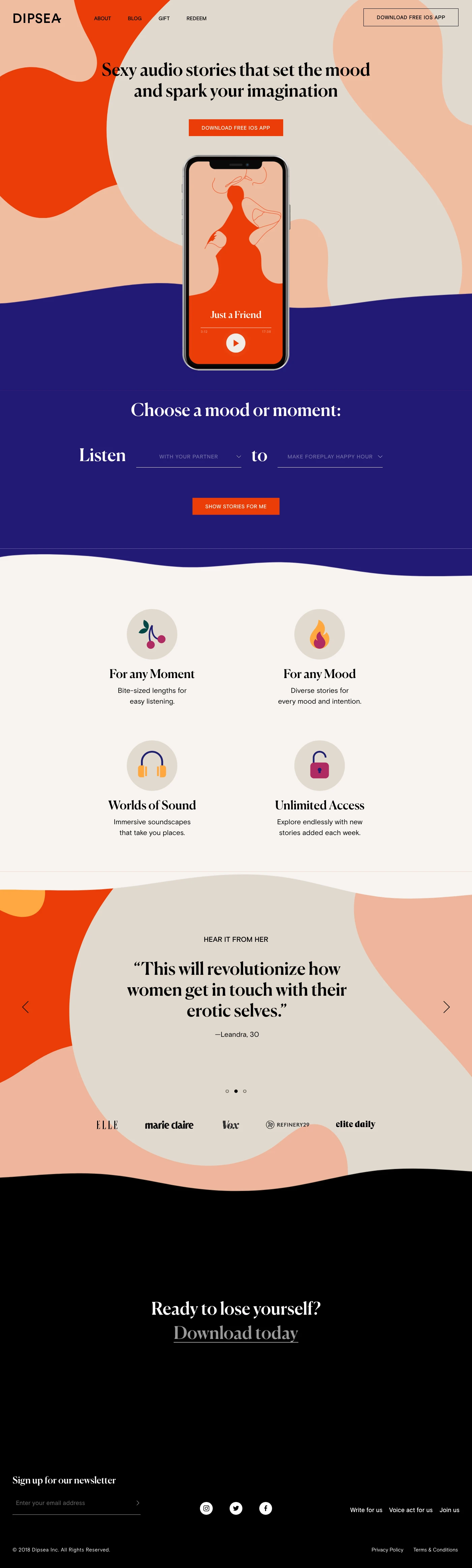 Dipsea Landing Page Example: Sexy audio stories that set the mood and spark your imagination