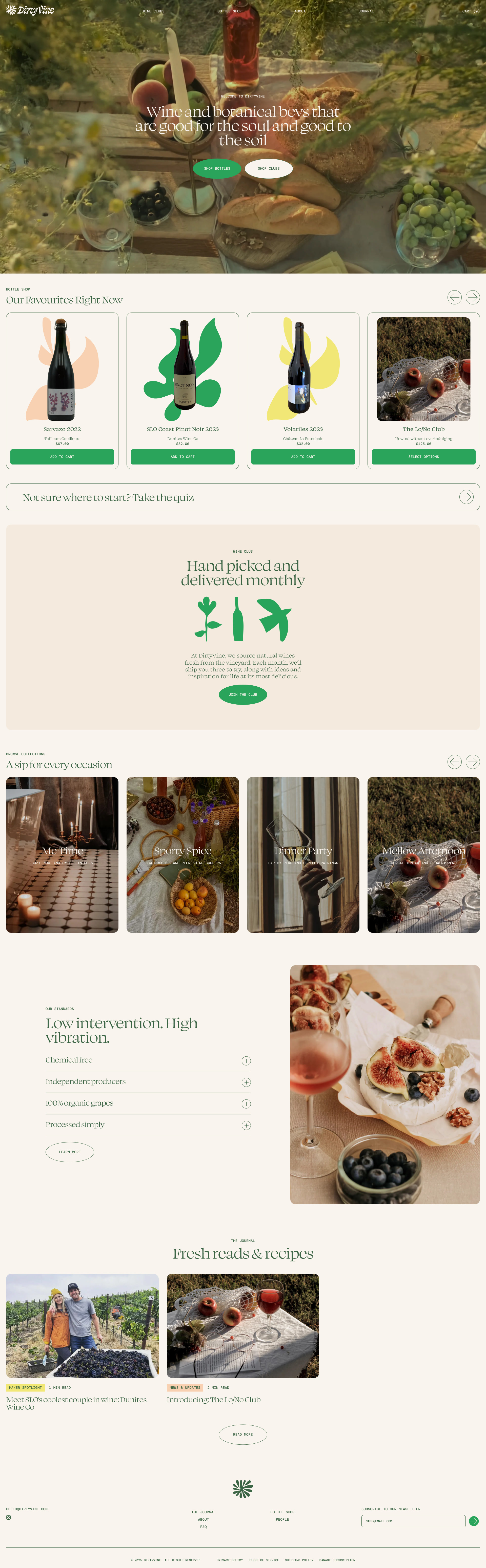 Dirty Vine Landing Page Example: A sip for every occasion. Wine and botanical bevs that are good for the soul and good to the soil.