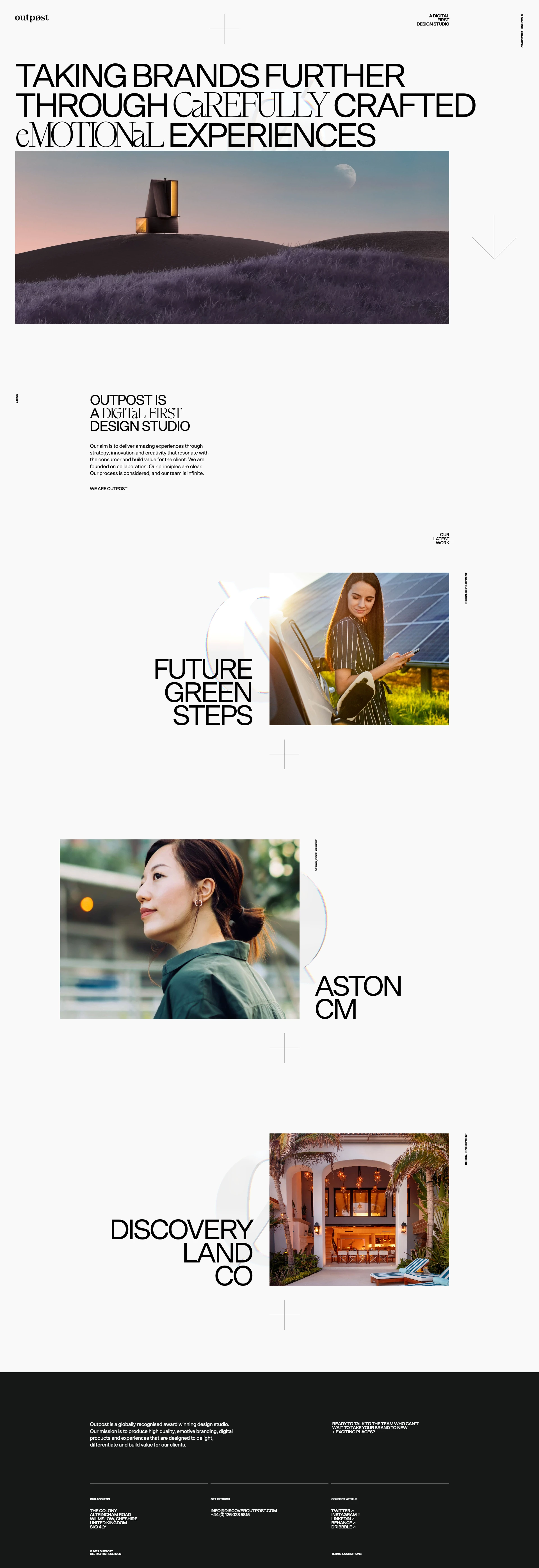 Outpost Landing Page Example: Outpost is a globally recognised award winning design studio. Our mission is to produce high quality, emotive branding, digital products and experiences that are designed to delight, differentiate and build value for our clients.