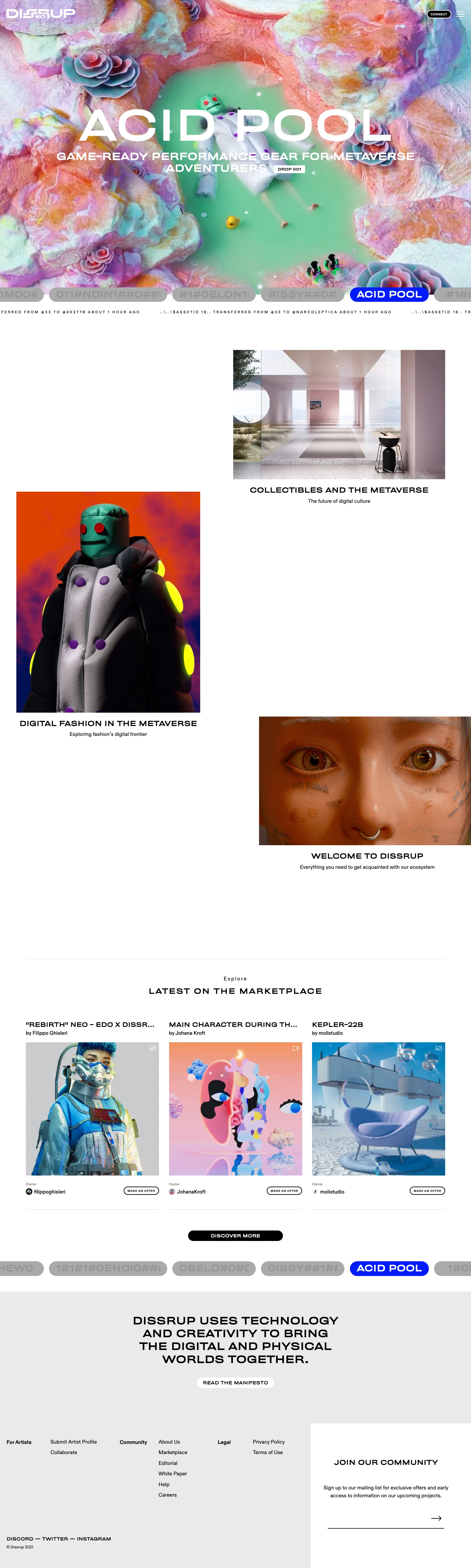 Dissrup Landing Page Example: Dissrup uses technology and creativity to bring digital and physical worlds closer together