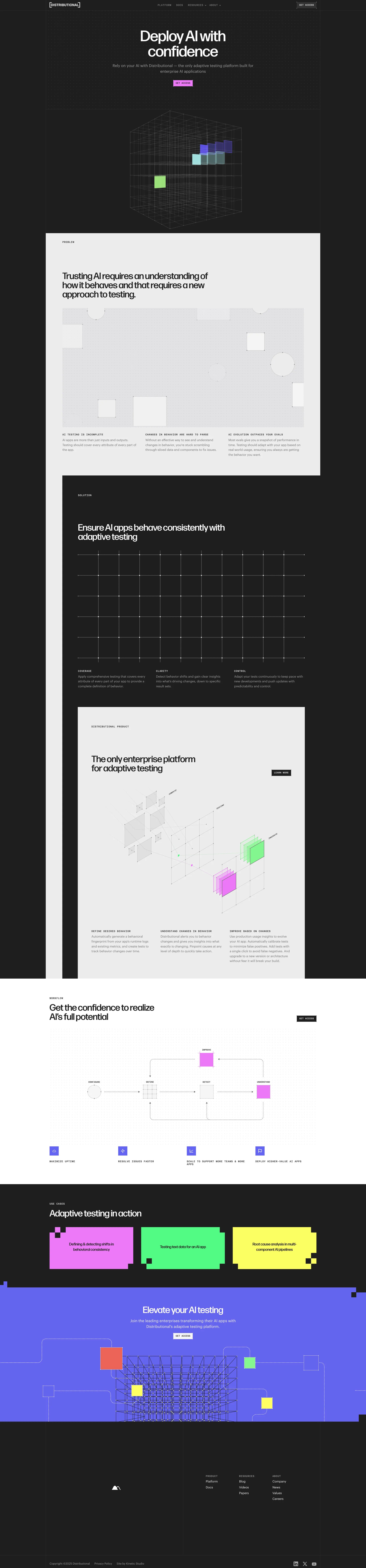 Distributional Landing Page Example: Deploy AI with confidence. Rely on your AI with Distributional — the only adaptive testing platform built for enterprise AI applications