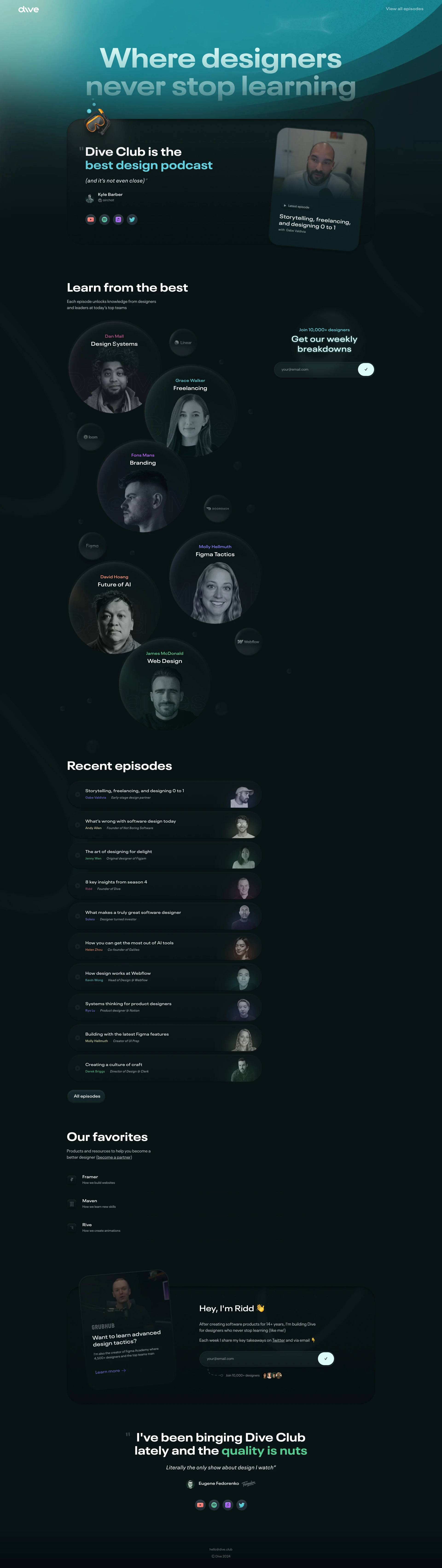 Dive Landing Page Example: Dive Club is a podcast and email series that unlocks knowledge from designers and leaders at today's top teams