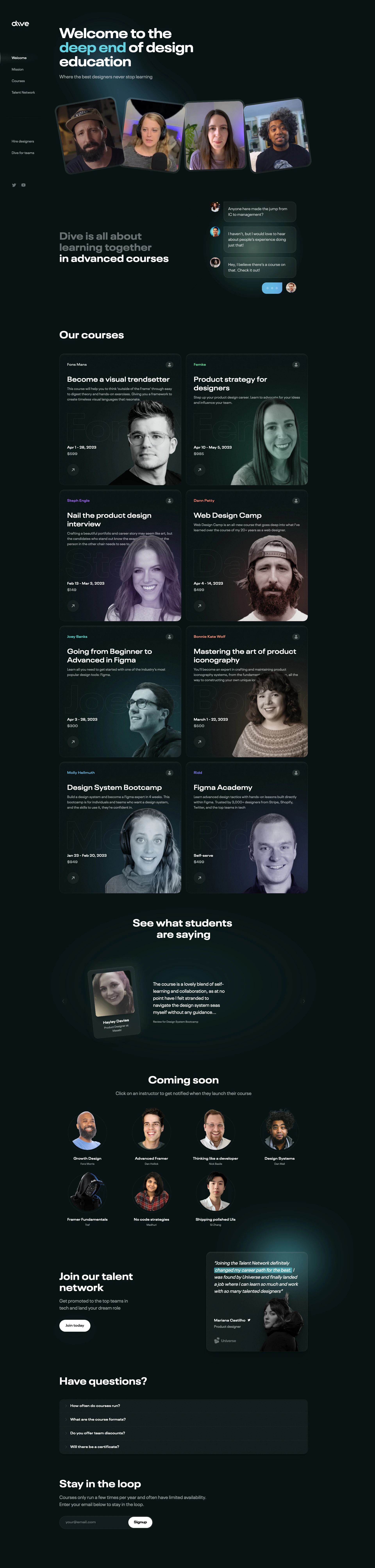 Dive Landing Page Example: Welcome to the deep end of design education. Where the best designers never stop learning.