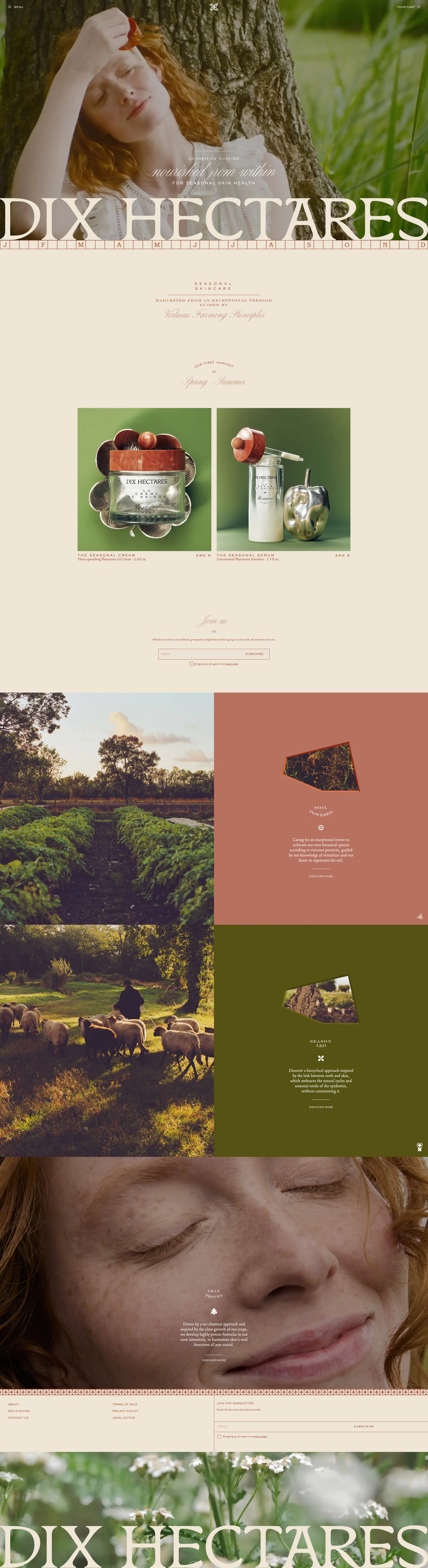 Dix Hectares Landing Page Example: Discover our naturally-sourced skincare adapted to your skin's seasonal needs, with active ingredients sourced from our land. For visibly regenerated skin, season after season.