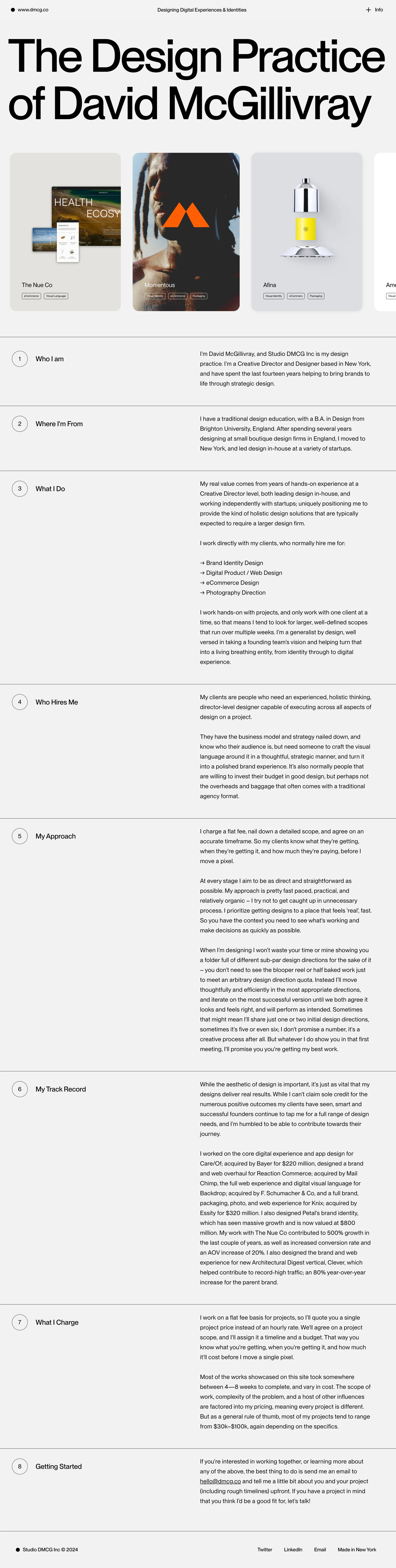 DMCG Landing Page Example: I’m David McGillivray, and Studio DMCG Inc is my design practice. I’m a Creative Director and Designer based in New York, and have spent the last fourteen years helping to bring brands to life through strategic design.