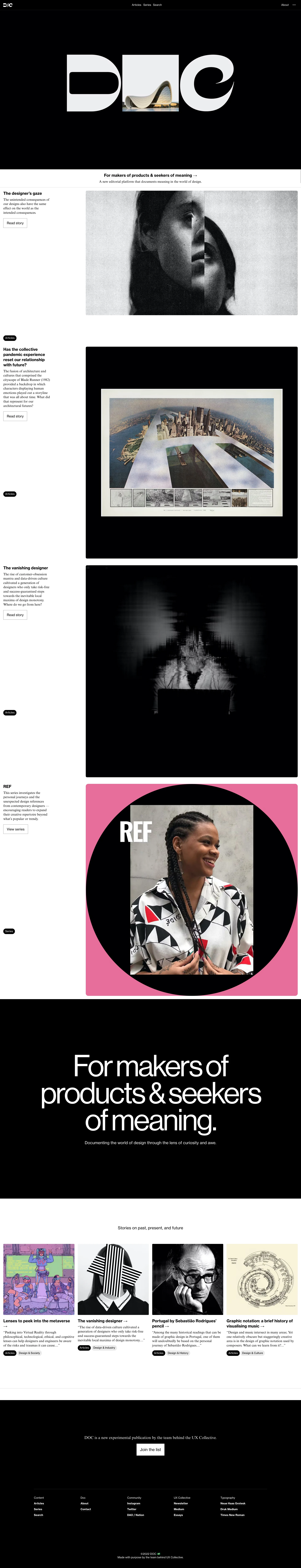 DOC Landing Page Example: For makers of products & seekers of meaning. A new editorial platform that documents meaning in the world of design.
