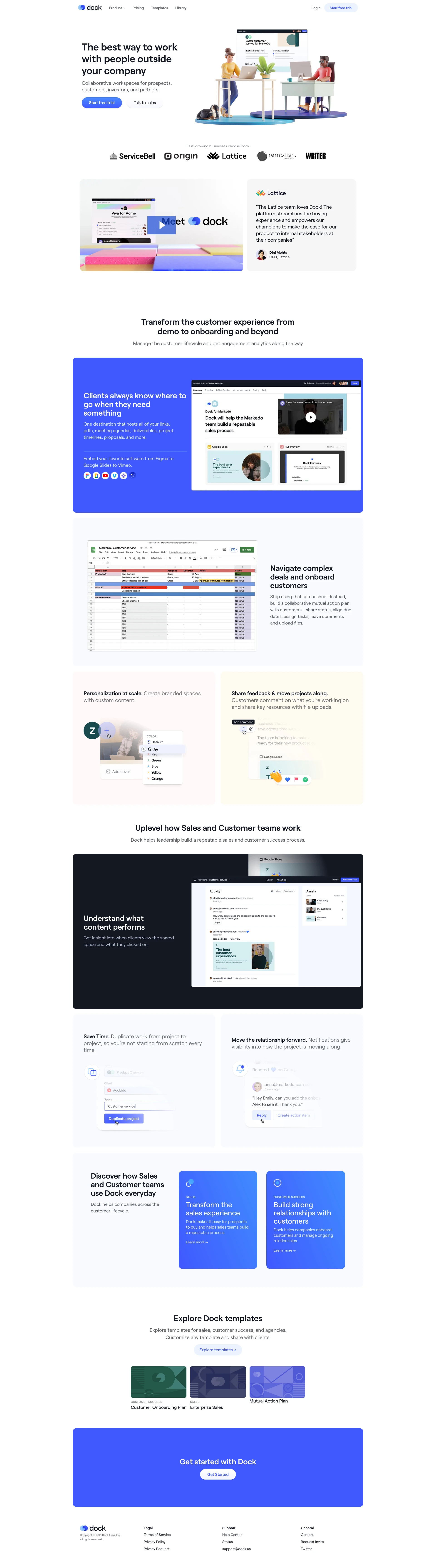 Dock Landing Page Example: The best way to work with people outside your company Collaborative workspaces for prospects, customers, investors, and partners.