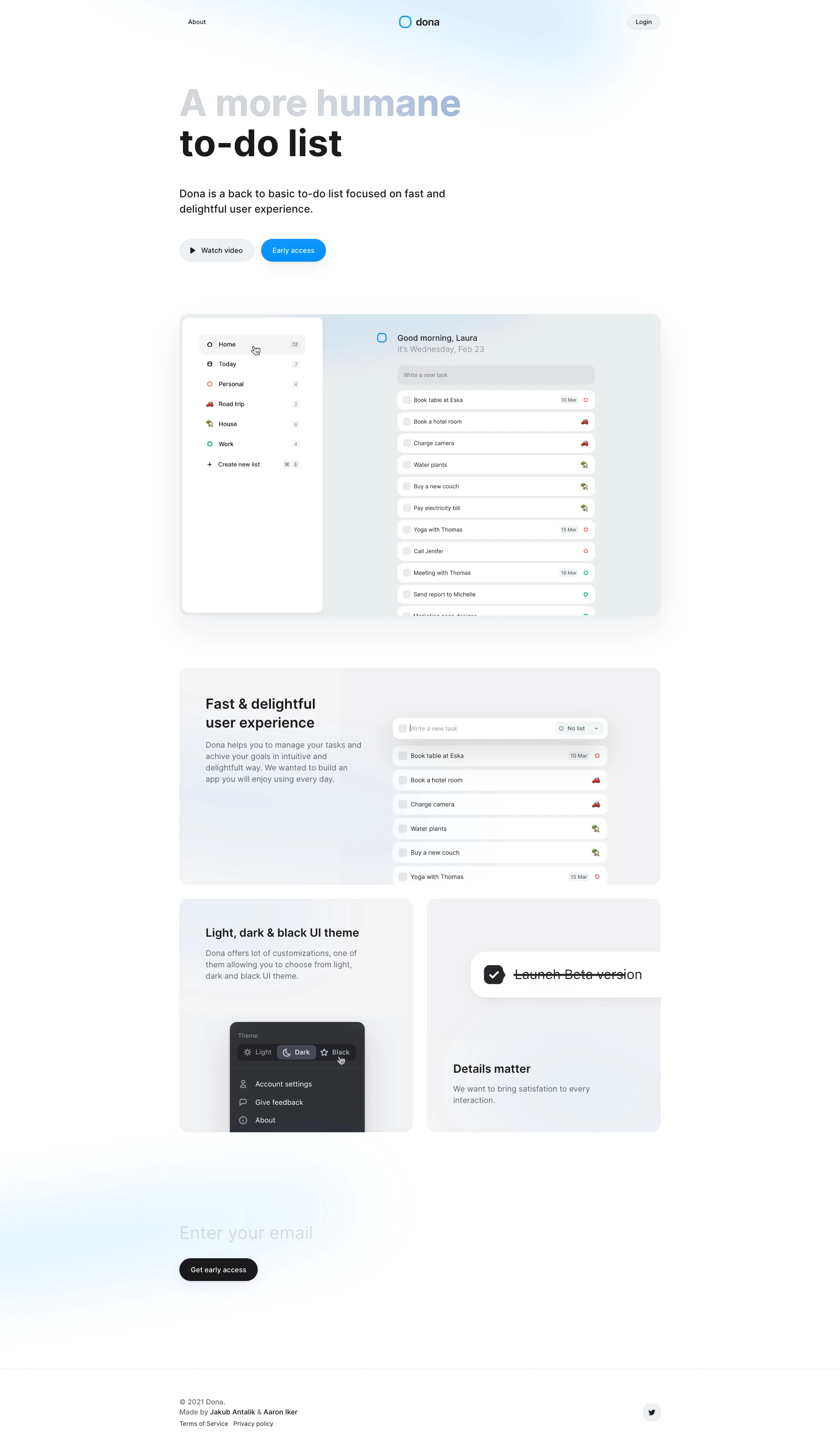 Dona Landing Page Example: A more humane to-do list. Dona is a back to basic to-do list focused on fast and delightful user experience.