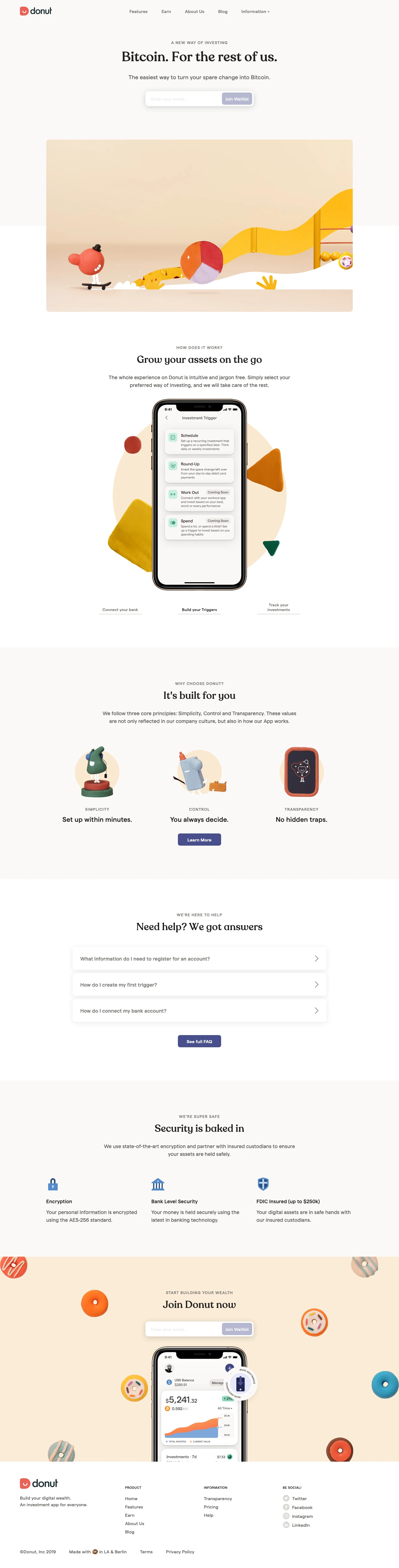Donut Landing Page Example: The easiest way to turn your spare change into Bitcoin.
