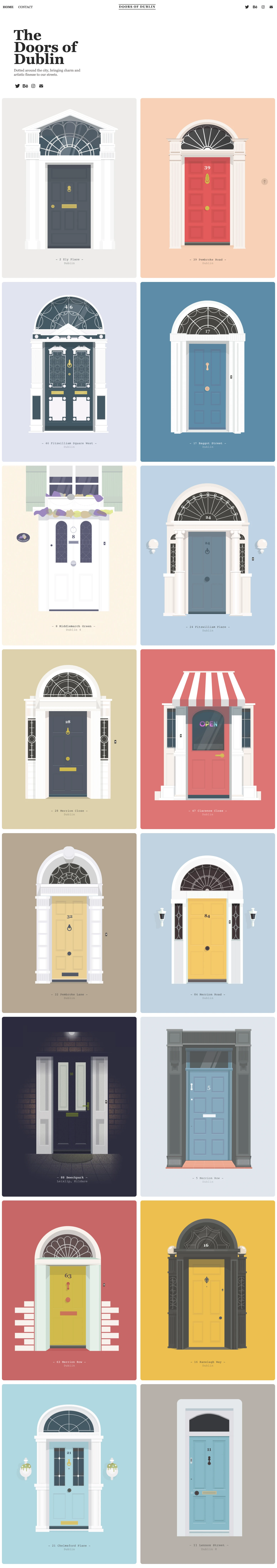 The Doors of Dublin Landing Page Example: Dotted around the city, bringing charm and artistic finesse to our streets. The Doors of Dublin is a series by Irish illustrator, Al Power. With such a wide variety of doors on show across the city, it felt only right to document the many beautiful creations.