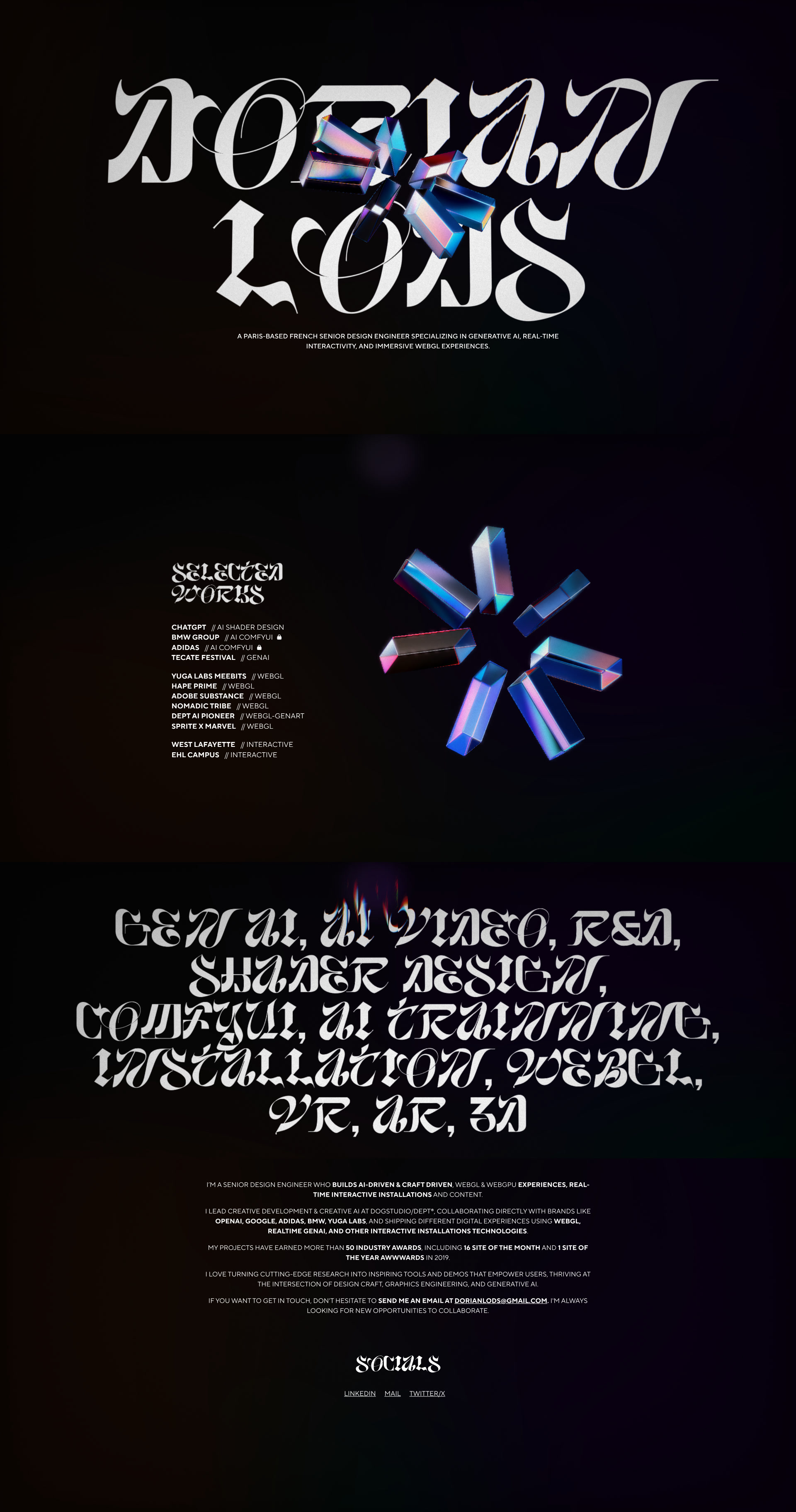 Dorian Lods Landing Page Example: A Paris-based French Senior Design Engineer specializing in Generative AI, real-time interactivity, and Immersive WebGL experiences.
