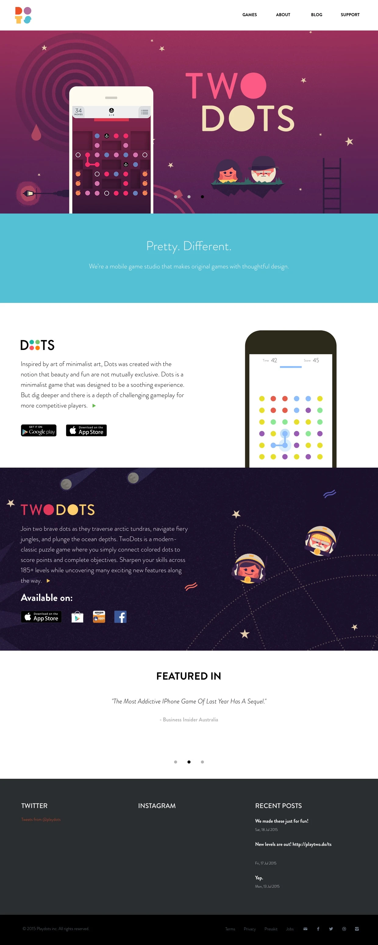 Dots Landing Page Example: Inspired by minimalist art, Dots was created with the notion that beauty and fun are not mutually exclusive. Dots is a minimalist game that was designed to be a soothing experience.