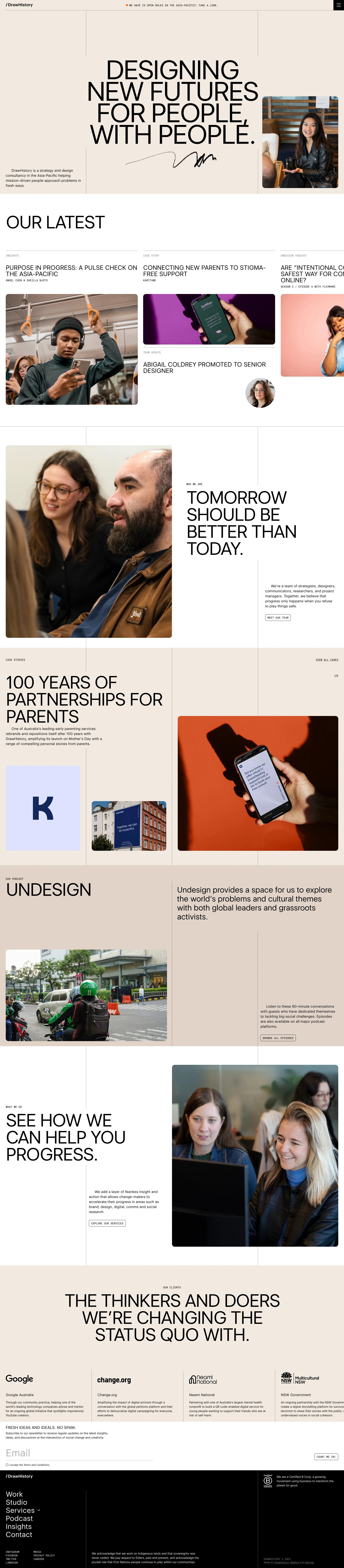 DrawHistory Landing Page Example: DrawHistory is a social impact agency using brand, design, comms, and research to design new futures in the Asia-Pacific. Find out more today.