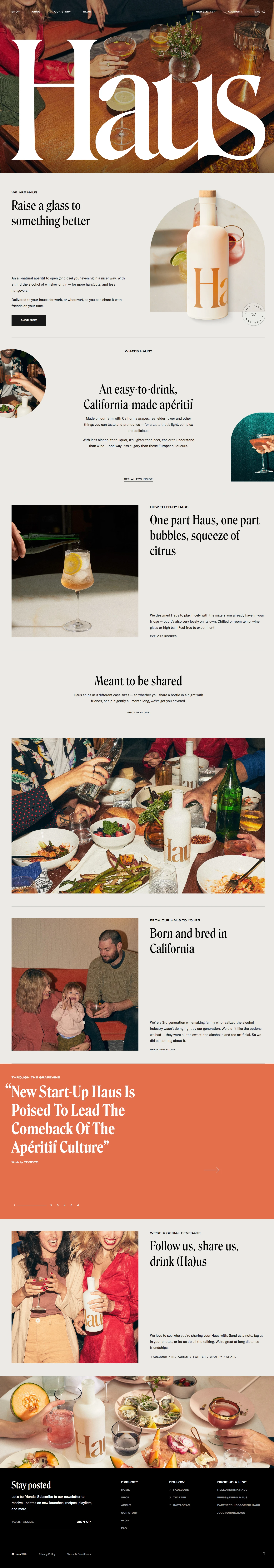 Haus Landing Page Example: An alcohol brand designed for the way we drink today. Born and bottled in California, Haus is made with things you can pronounce - think chardonnay grapes. elderflower and lemon. With less alcohol than hard liquors, Haus is shipped directly to your door, so you can gather and connect on your time.
