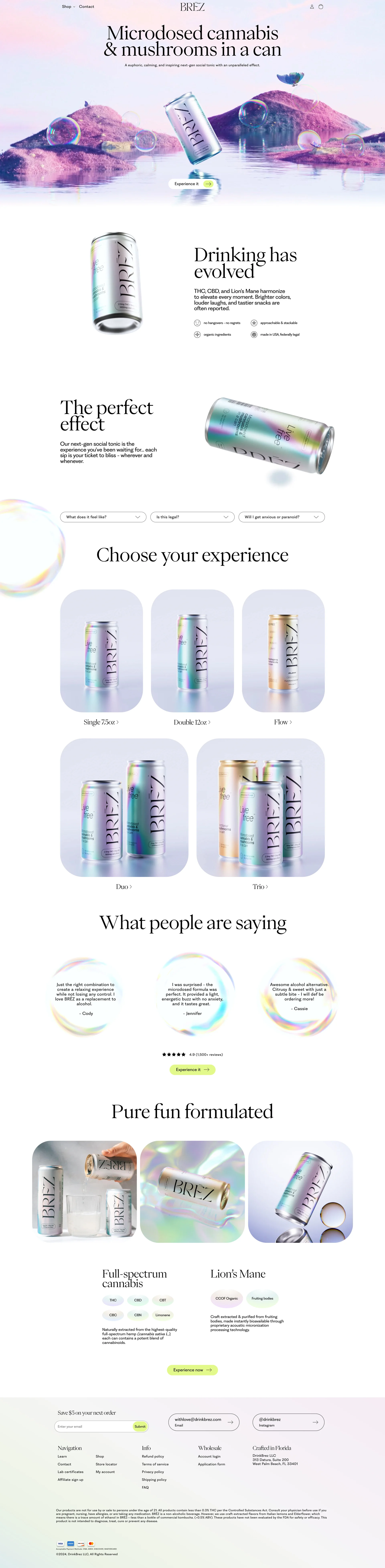 BRĒZ Landing Page Example: Experience euphoric, calming, and inspiring effects with BRĒZ microdose drinks. Our THC, CBD, and Lion's Mane mushroom drinks offer a refreshing alcohol alternative.