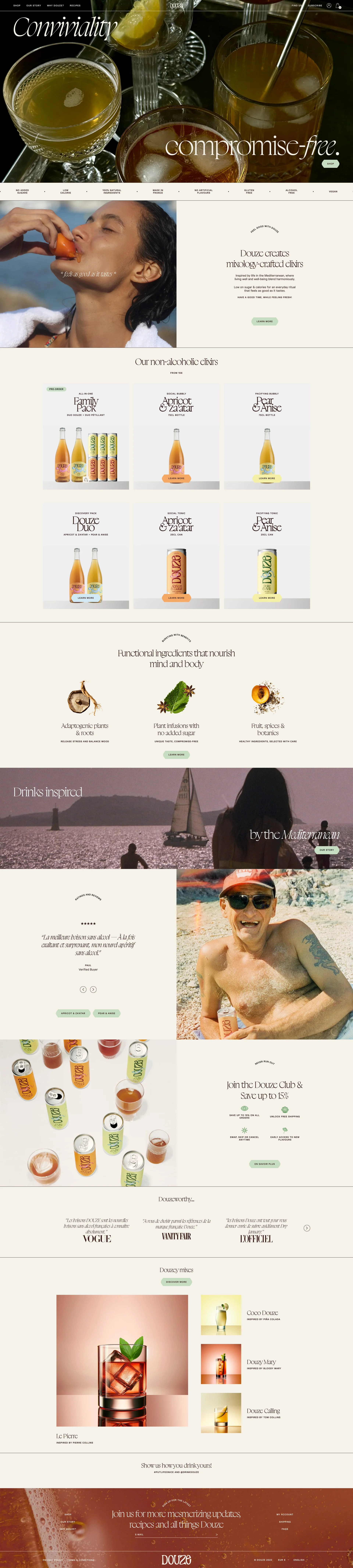Douze Landing Page Example: Mixology-crafted non-alcoholic cocktails to elevate your mood. Feel the freshness of the Mediterranean with every sip. Happiness in a can.