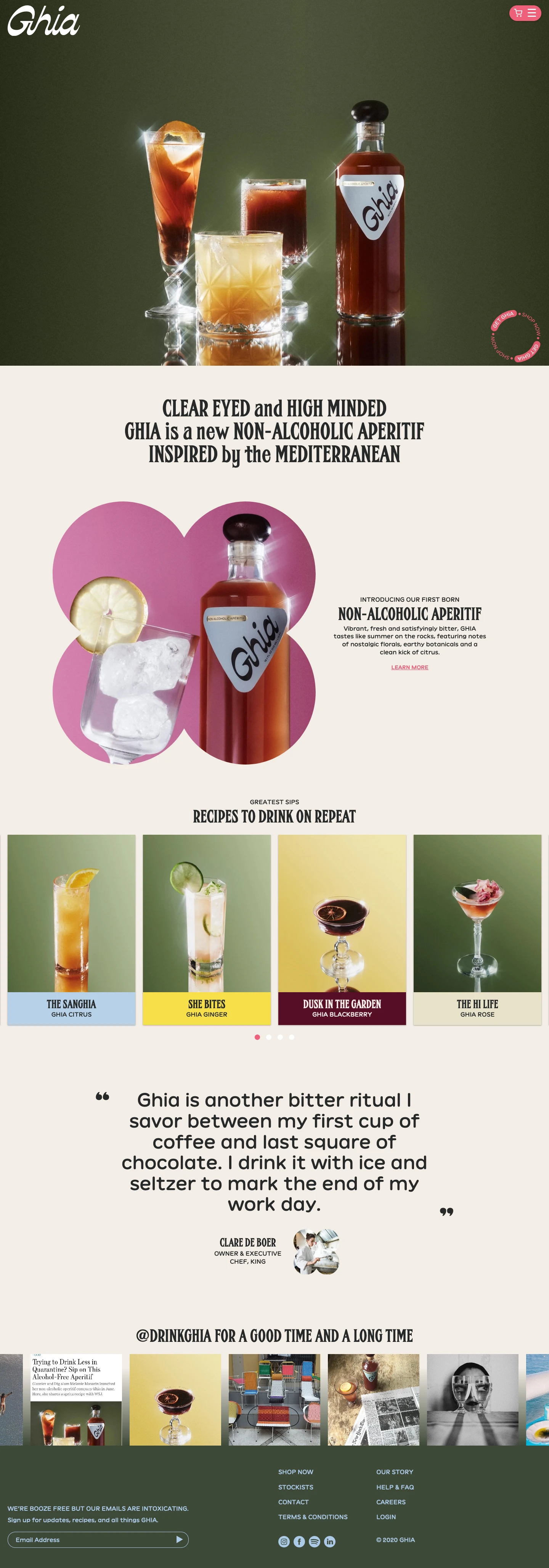 GHIA Landing Page Example: Clear eyed and high minded, GHIA is a new non-alcoholic apéritif inspired by the Mediterranean. Our products are made of botanical extracts to give you all the highs of life without the booze.