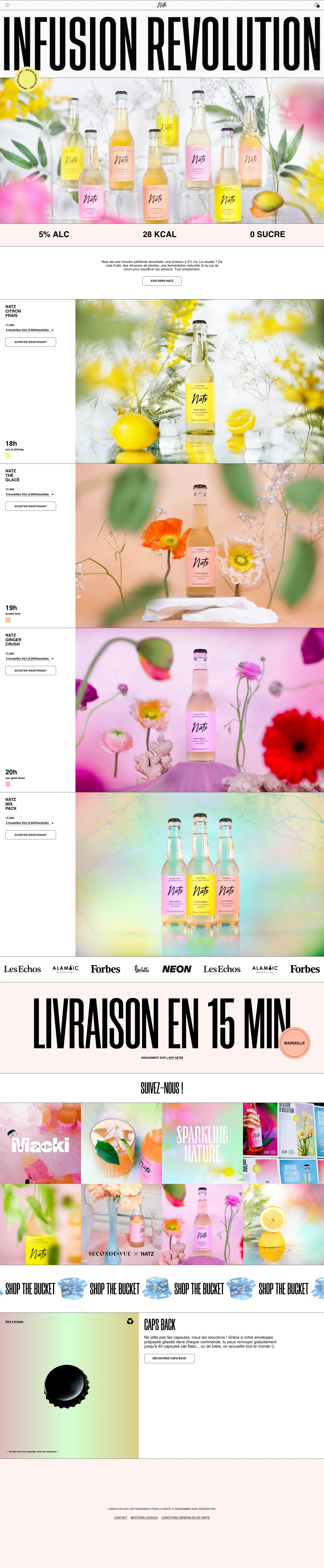 Natz Landing Page Example: Natz is the French signature, infused and bottled hard seltzer. Natz contains real fruit, herbal infusions and no food flavorings. Natz comes in two flavors: Fresh Lemon Infusion and Iced Tea Infusion. Sugar-free and gluten-free.