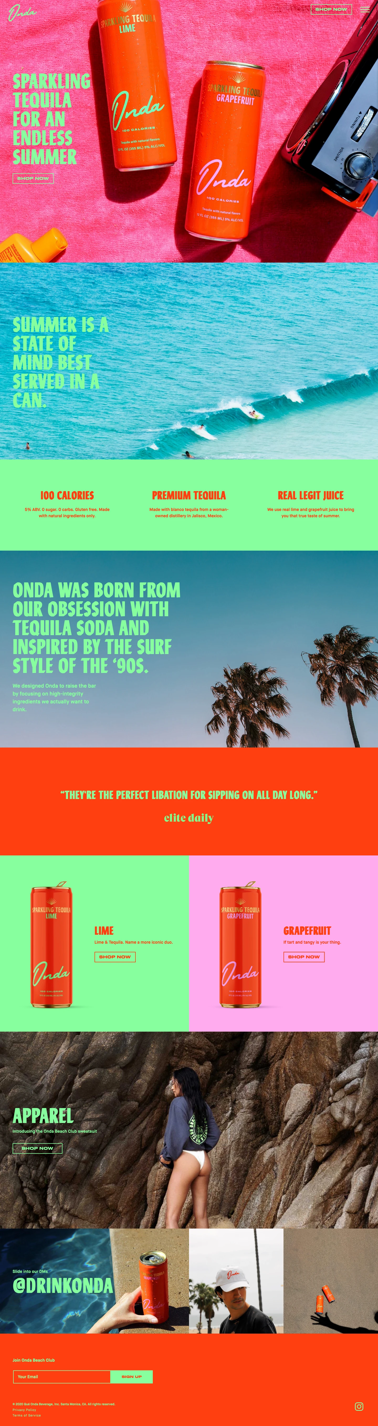 Onda Landing Page Example: Premium sparkling tequila with real, legit juice. Light & refreshing. 100 calories. 5% alcohol. 0 carbs. 0 sugar. Naturally gluten free.