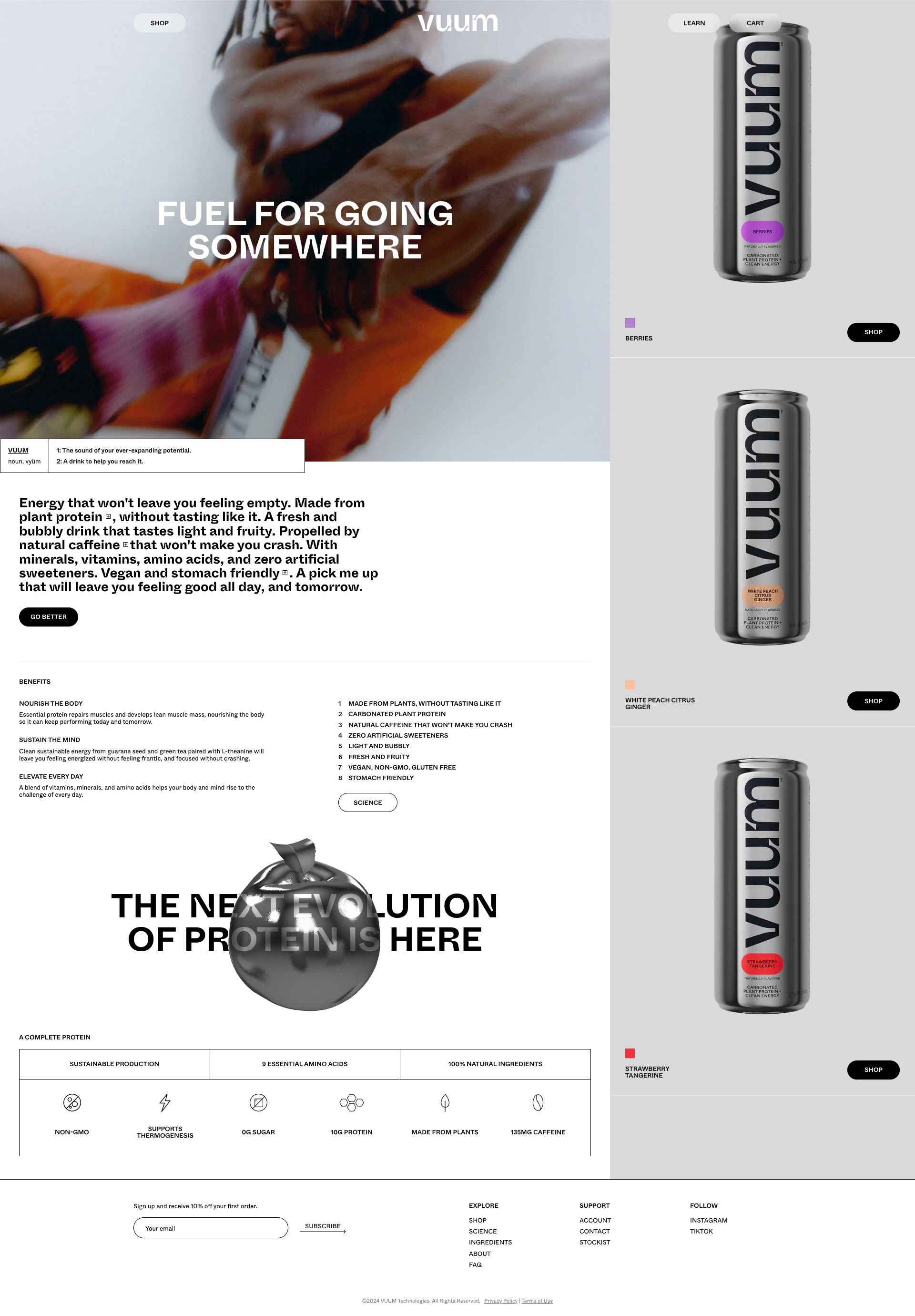VUUM Landing Page Example: Energy that won't leave you feeling empty. Made from plant protein, without tasting like it. A fresh and bubbly drink that tastes light and fruity. Propelled by natural caffeine that won't make you crash. With minerals, vitamins, amino acids, and zero artificial sweeteners. Vegan and stomach friendly . A pick me up that will leave you feeling good all day, and tomorrow.