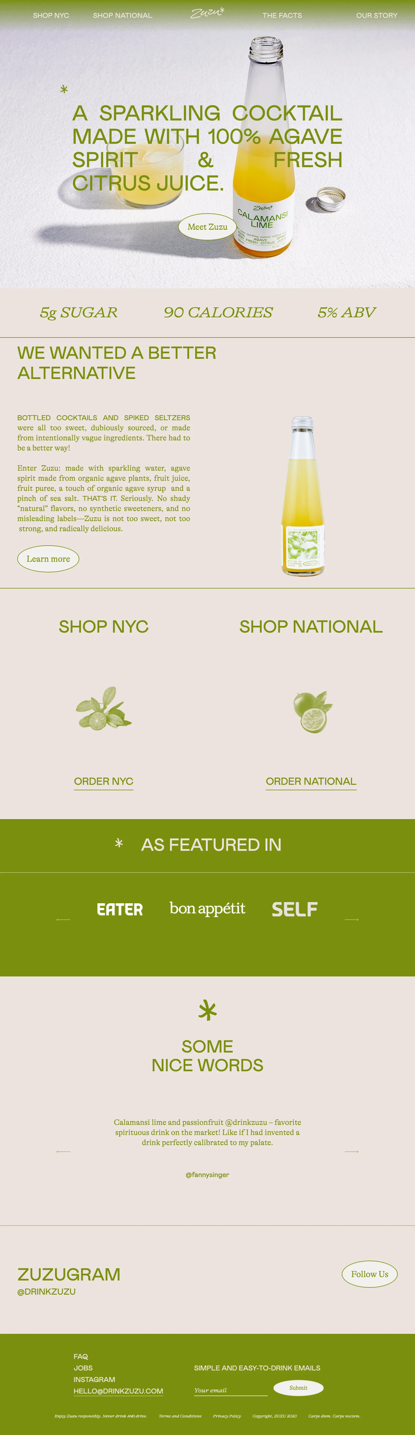 Drink Zuzu Landing Page Example: A bright sparkling cocktail with whole ingredients and 100% agave spirit.