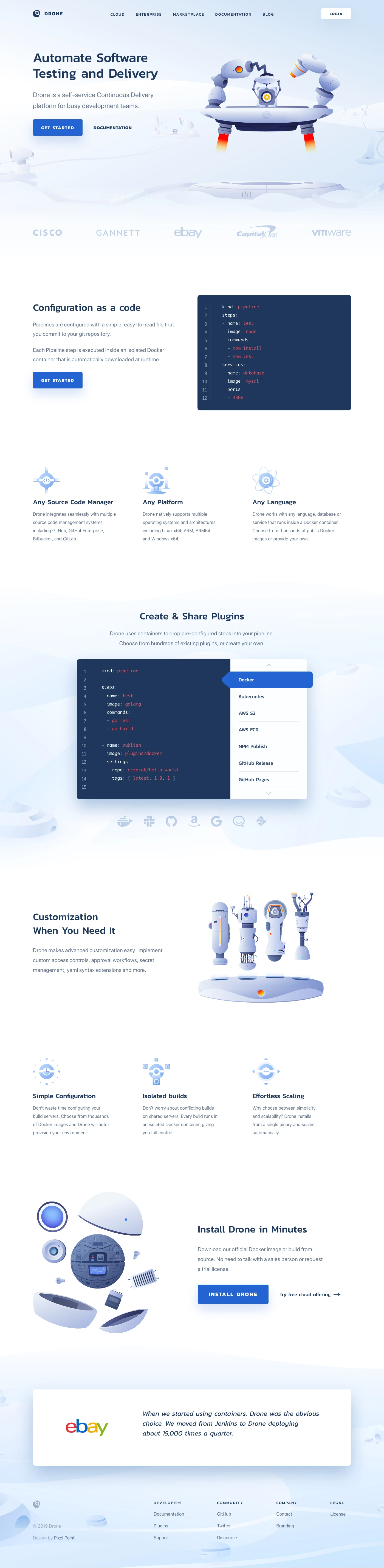 Drone CI Landing Page Example: Drone is a self-service Continuous Delivery platform for busy development teams