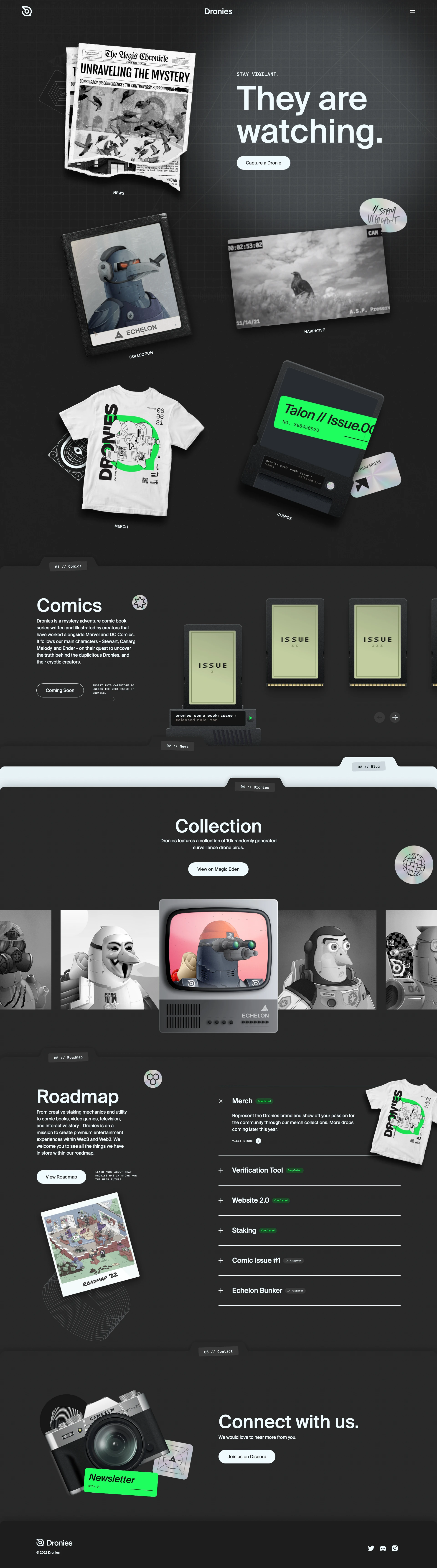 Dronies NFTs Landing Page Example: Dronies NFTs are a collection of mysterious droid birds designed by Unfold on the Solana blockchain. Keep one eye open. The birds are not what they seem.