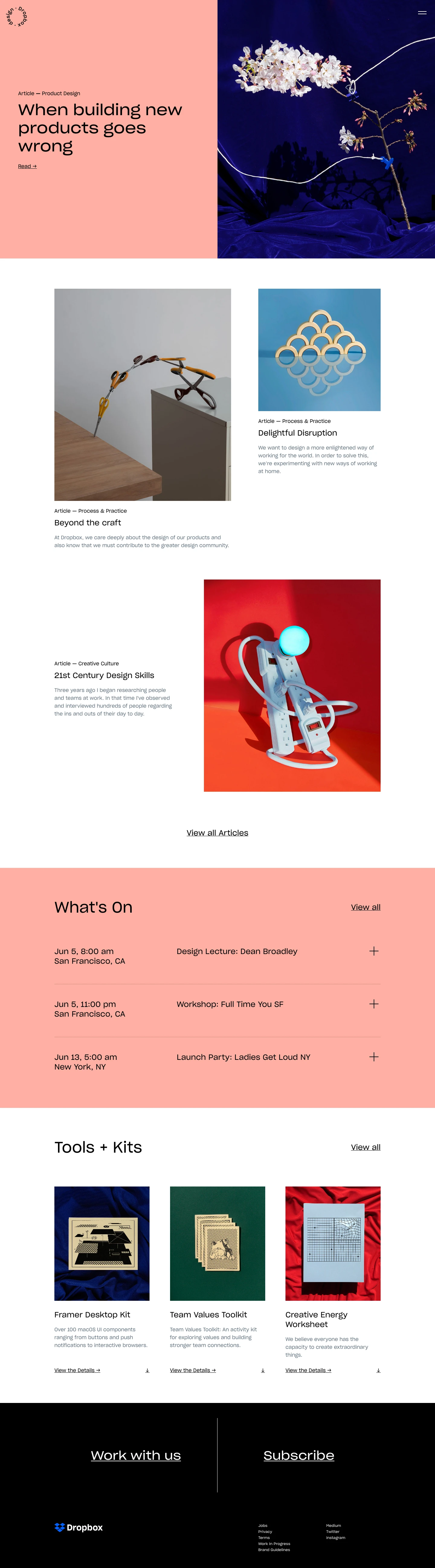 Dropbox Design Landing Page Example: A collection of resources for the design community from the team that is redesigning the way work works.