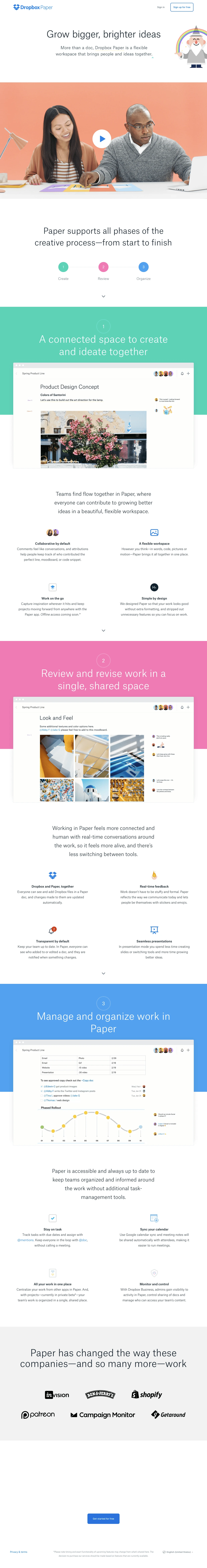 Dropbox Paper Landing Page Example: Grow bigger, brighter ideas. More than a doc, Dropbox Paper is a flexible workspace that brings people and ideas together.
