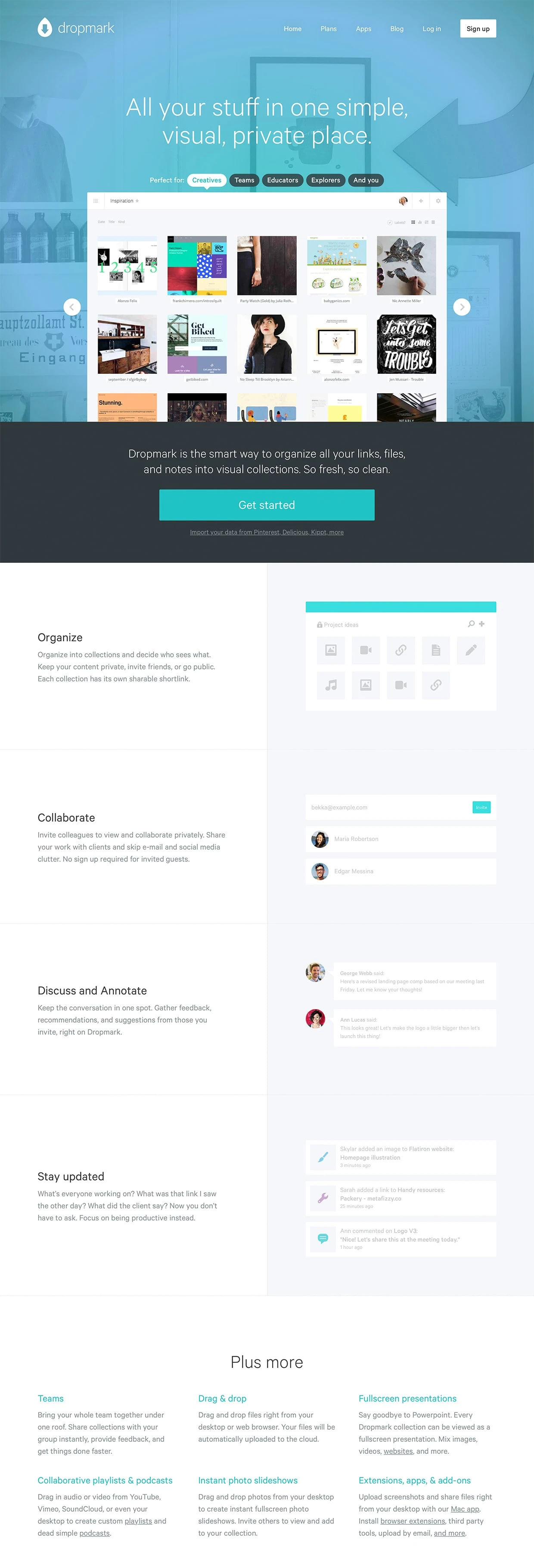 Dropmark Landing Page Example: All your stuff in one simple, visual, private place