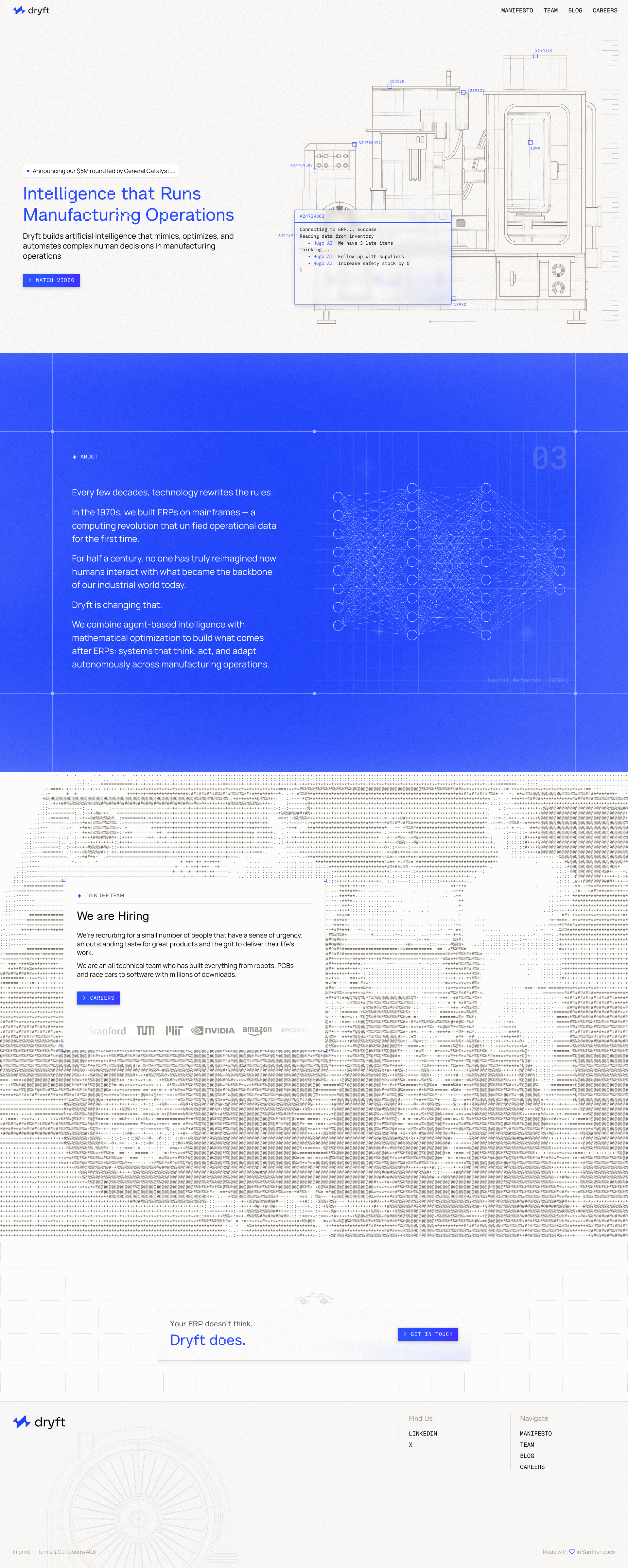 Dryft Landing Page Example: Intelligence that Runs Manufacturing Operation.  Dryft builds artificial intelligence that mimics, optimizes, and automates complex human decisions in manufacturing operations.