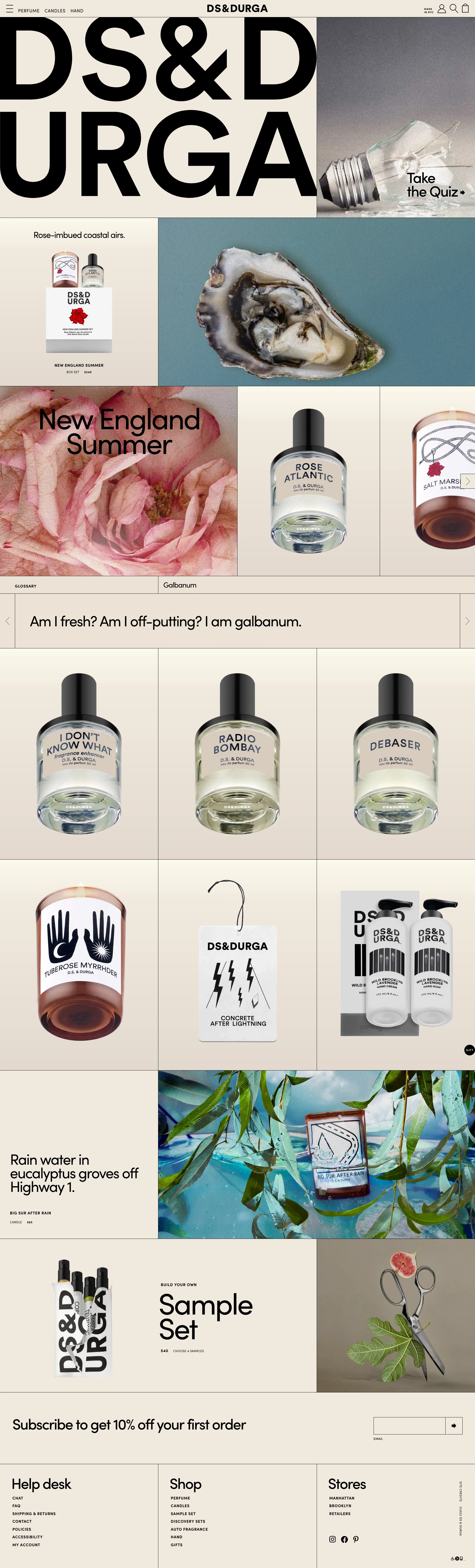 D.S. & DURGA Landing Page Example: D.S. & DURGA was founded by an architect and a musician. As pioneers in DIY Brooklyn, we started from scratch and did it our way (more Sid than Sinatra). We began by turning things we loved into scented stories of cowboys, open terrain, Russian novel characters, and folk songs. A perfume is a world you can return to.