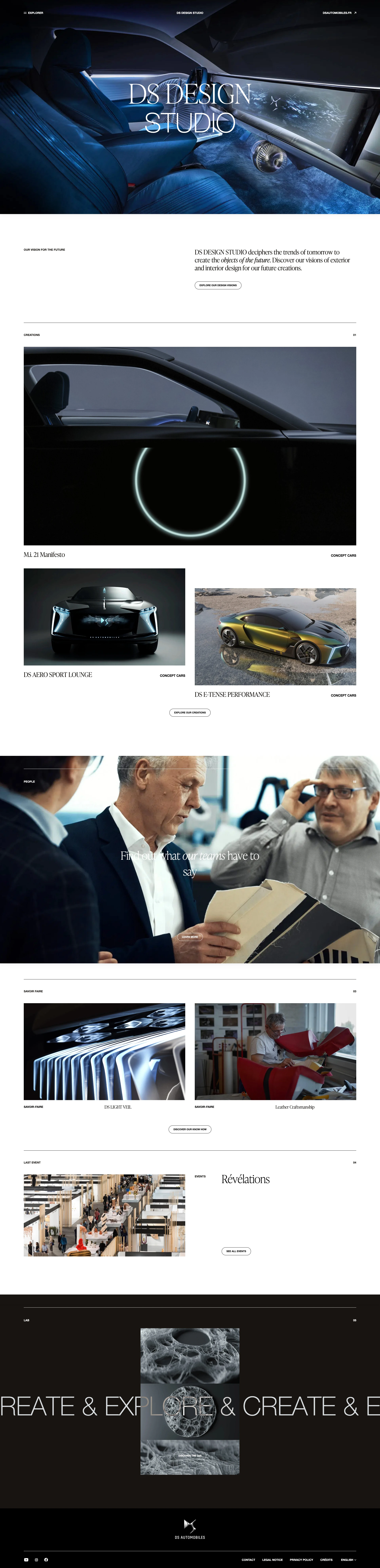 DS Design Studio Landing Page Example: DS DESIGN STUDIO deciphers the trends of tomorrow to create the objects of the future. Discover our visions of exterior and interior design for our future creations.