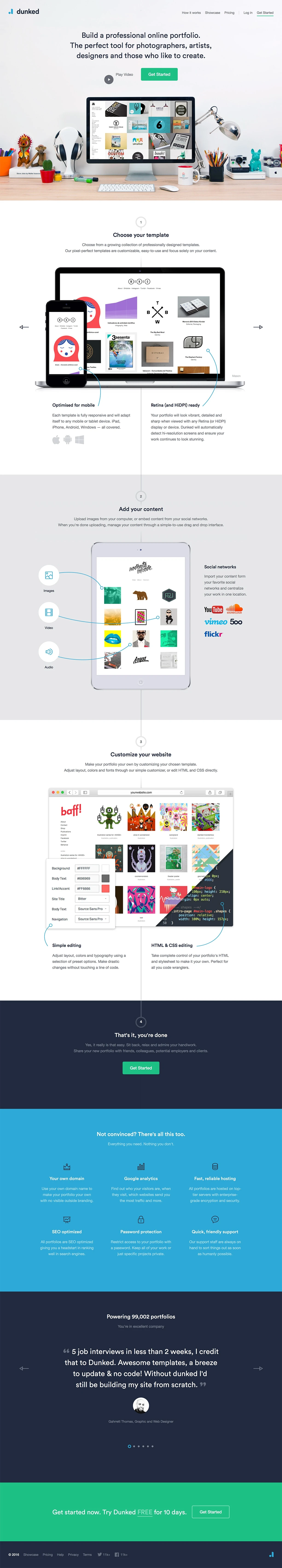 Dunked Landing Page Example: Dunked makes creating your online & mobile portfolio website super simple. Showcase your design, illustration, photography and other creative work on any device.