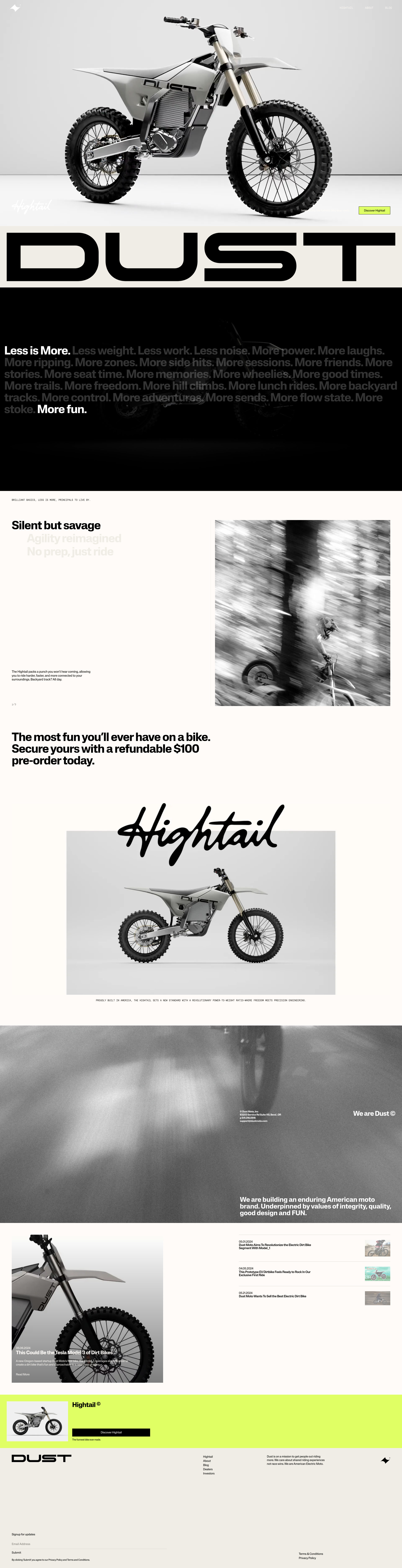 Dust Moto Landing Page Example: We are building an enduring American moto brand. Underpinned by values of integrity, quality, good design and FUN.